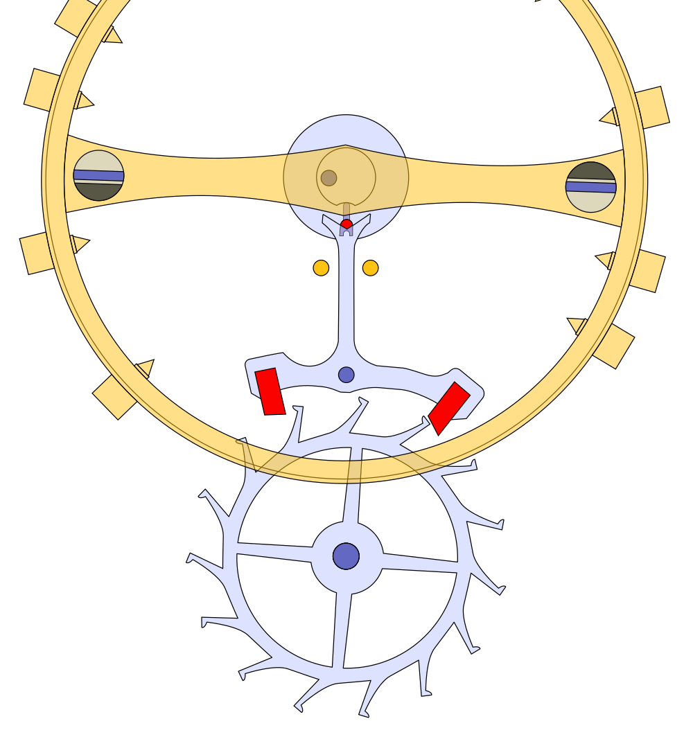 Diagram of a lever escapement, phase three, with the opposite pallet now locking a tooth