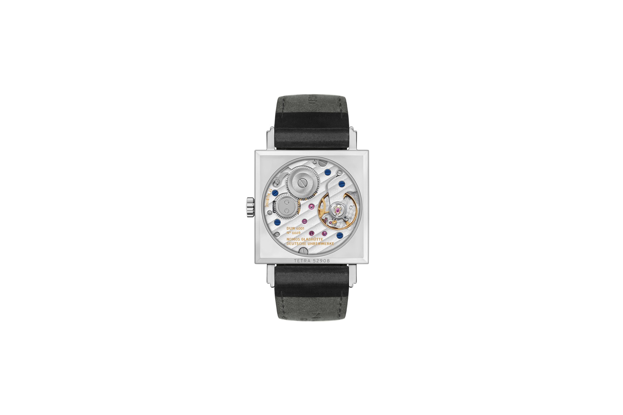 Sapphire caseback of the Tetra 27 showing the DUW 4001 movement
