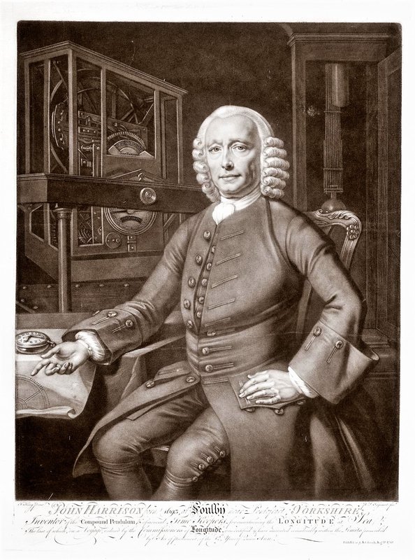 Eighteenth-century engraved portrait of John Harrison seated beside his H3 timekeeper