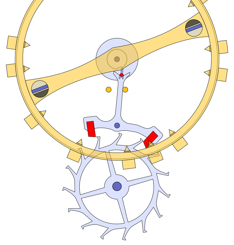 Diagram of a lever escapement, phase two, with the lever pushed over and the tooth sliding across the pallet