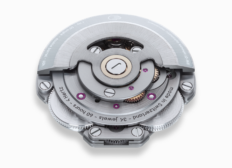 The RW-01 movement seen at an angle with its rotor